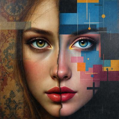 The primary subject of the image is a woman with two different colored faces. One face is painted red, and the other is painted blue. The setting is a painting, and the visual style is a combination of digital art and illustration. The colors and mood of the image are vibrant and lively, with the red and blue faces creating a striking contrast.